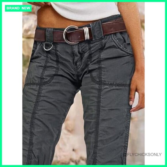 Mid Rise Straight Leg Cargo Pants with Patch Pockets Casual Cotton Blend - Picture 2 of 7